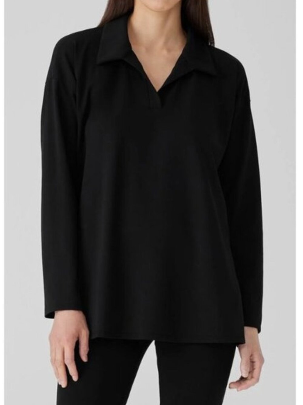 EILEEN FISHER Pima Cotton Stretch Jersey Classic Collar Top in Black - Size S